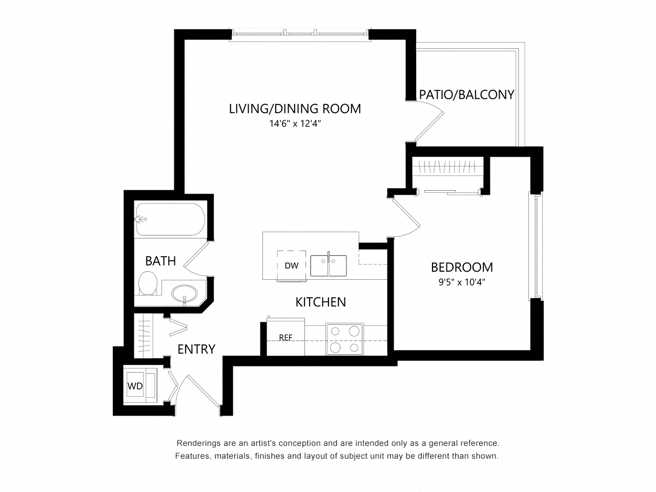 Floor plan for 1 bed, 1 bath, 521 sqft